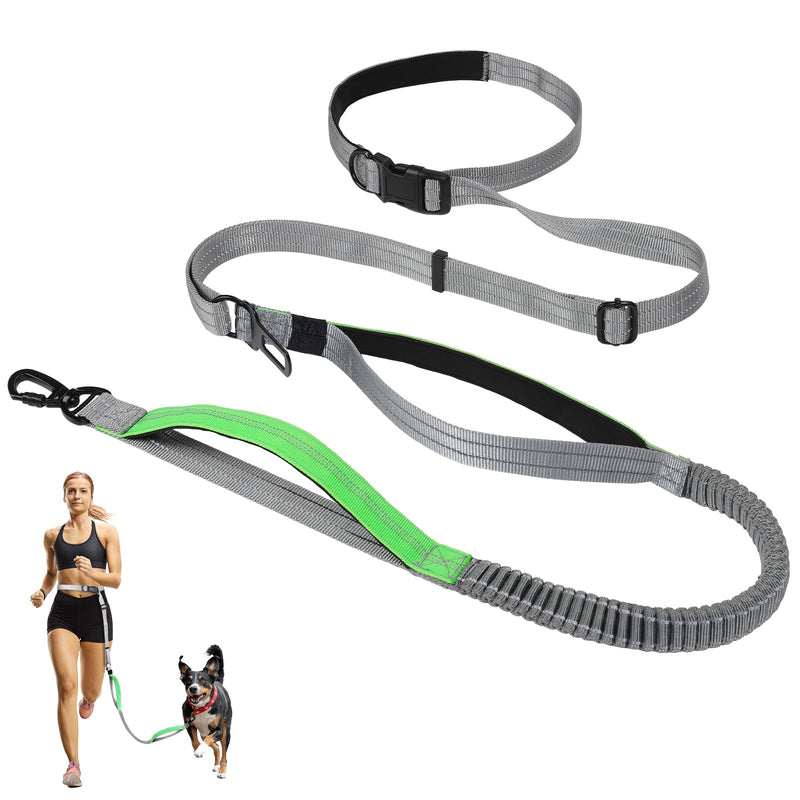 Hands Free Dog Leash, 8.2 FT Waist Leash for Walking, Jogging, Hiking, Adjustable Crossbody Belt with Double Padded Handles, Bungee Car Seatbelt Design for Medium Large Dogs, Gray + Green