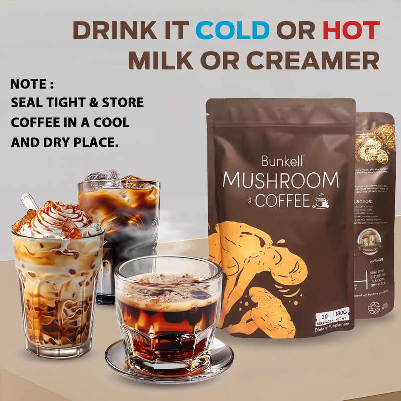 Mushroom Coffee, Adaptogenic 6 Mushrooms with Lion's Mane, Reishi, Cordyceps, Shiitake, King Trumpet & Turkey Tail, Instant Coffee Powder for Energy, Digestion & Immune Support, 30 Servings 6.35 Ounce (Pack of 1)