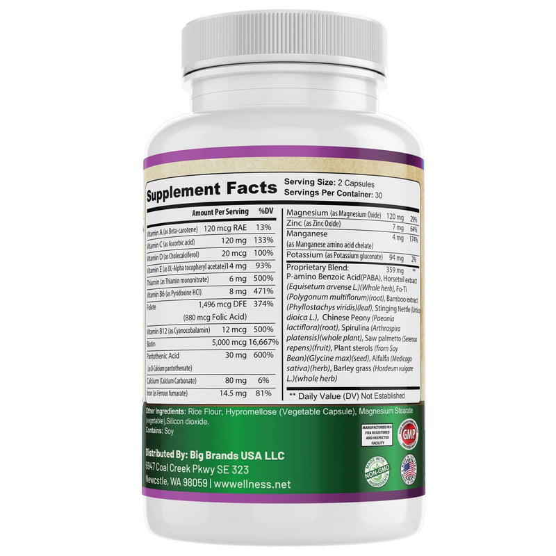 Healthy Hair Skin and Nails Supplement for Women & Men | Supports Skin Clarity, Hair Growth, and Nail Strength | Biotin 5000mcg | 60 Capsules | Made in The USA.