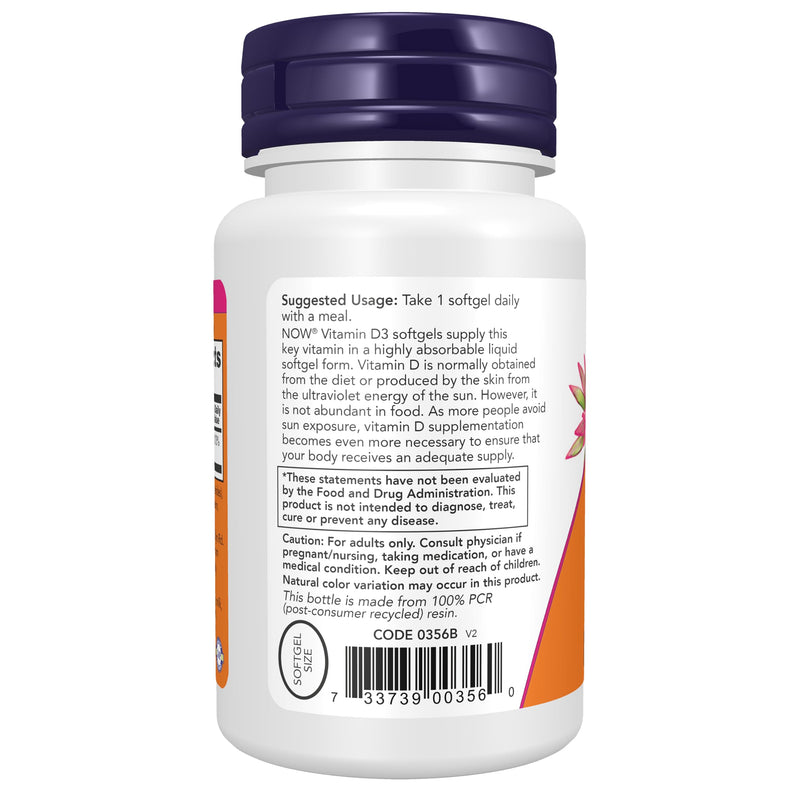 Now Supplements, Vitamin D3, 2,500 IU, Bone & Immune Health*, 180 Softgels