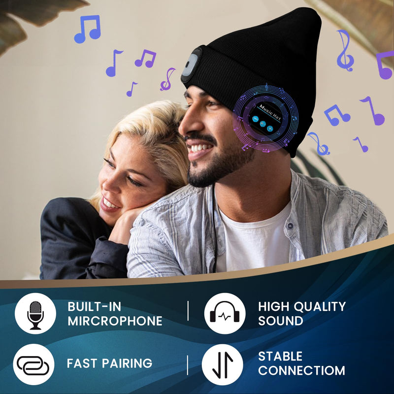 VIBELITE Bluetooth Beanie Hat with Light, USB Rechargeable LED Headlamp with Wireless Headphones, Gifts for Men, Him, Husband, Boyfriend, Dad Gifts for Dad, Husband, Father, Black Music Led Hat - BeesActive Australia