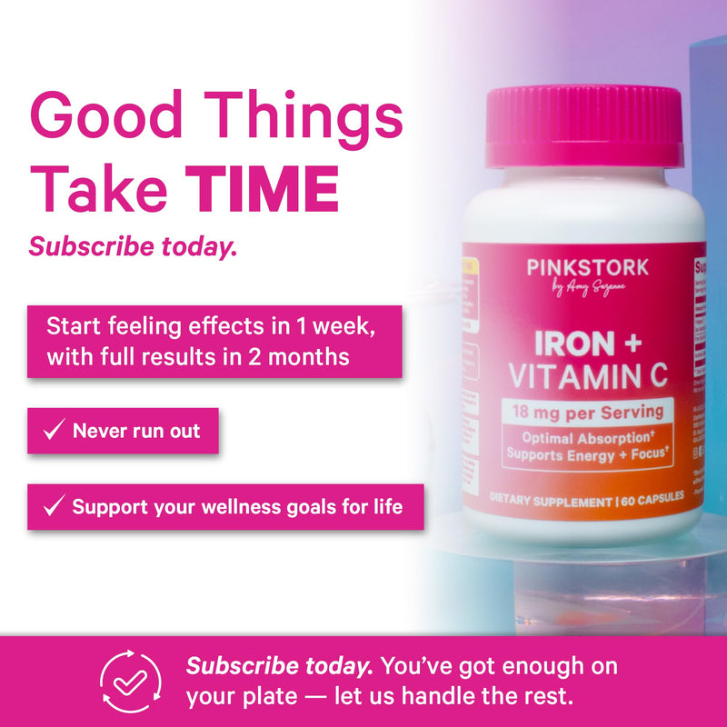 Pink Stork Iron for Women with Vitamin C, 60 Capsules, 2-Month Supply | 18 mg Chelated Iron Bisglycinate + Vitamin C, Supports Energy, Focus + Oxygen, Pregnancy, Postpartum, PMS + Perimenopause 60 Count (Pack of 1)