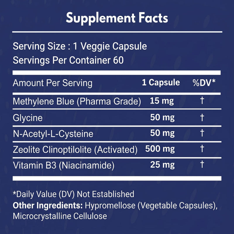 aromel Blue Detox | Advanced Cellular Performance & Detoxification Formula | Infused with USP Grade Methylene Blue, Zeolite Clinoptilolite, NAC, Glycine, and Vitamin B3 (Niacinamide) | 60 Capsules
