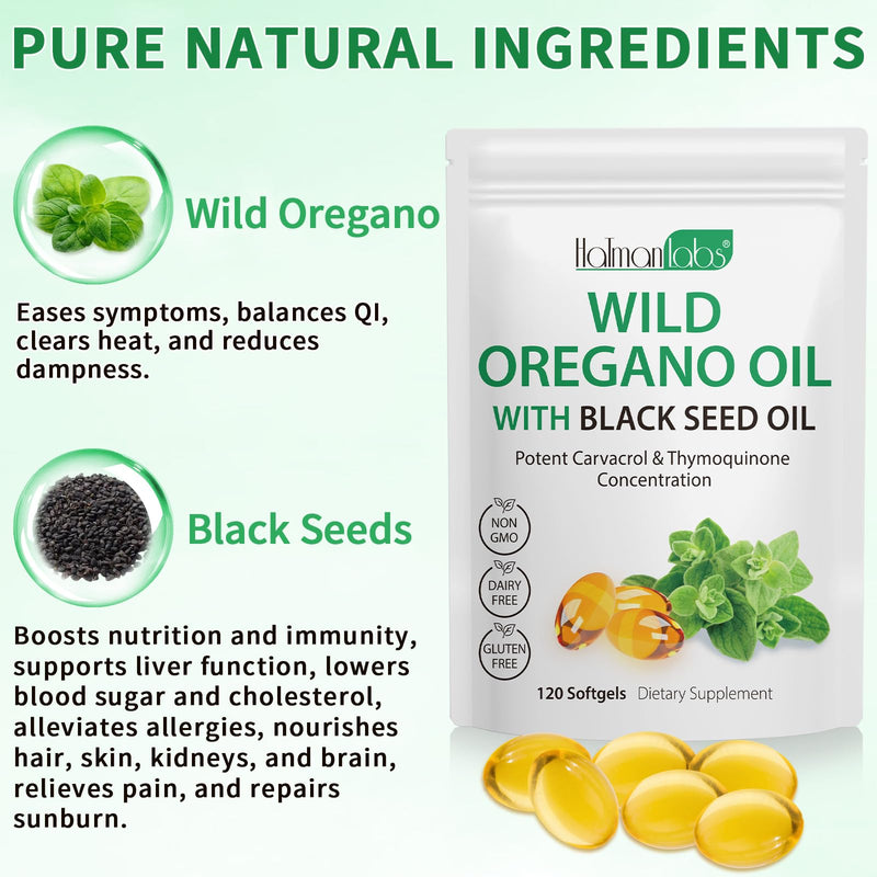 120PCS Oil of Oregano with Black Seed Oil Boosts Immune Oregano Oil Capsules Organic, Chlorophyll, Fast Absorption, GMP Certified 120 Count (Pack of 1)