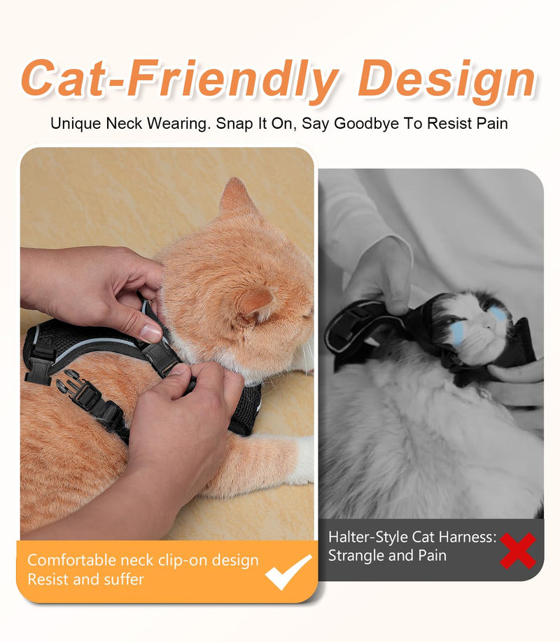 Cat Harness and Leash Set [ MAX Safety Third Generation ] Escape Proof Soft Adjustable Cat Leash Breathable Comfortable Vest Easy to Wear Kitten Harness for Outdoor Walking Black H200 Pro Black Medium - BeesActive Australia