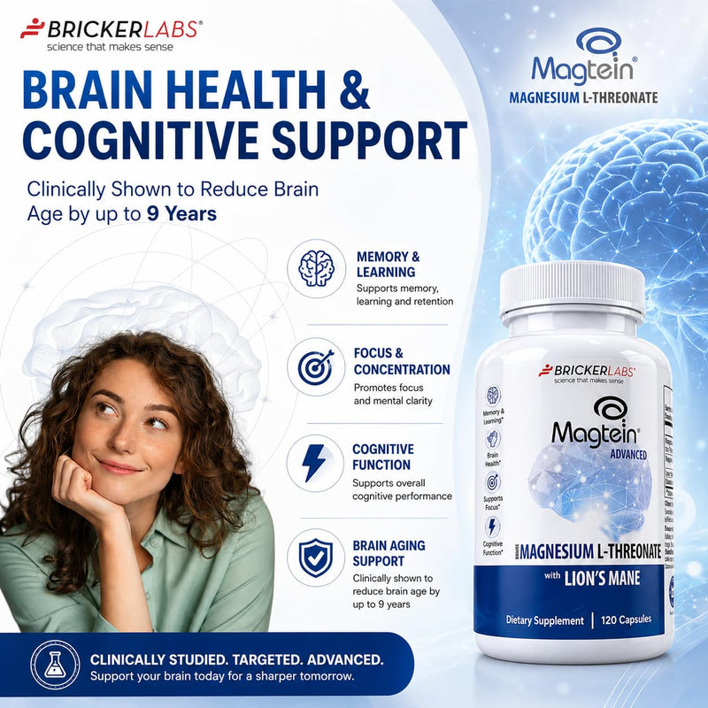 Bricker Labs Magtein & Lion's Mane Magnesium L-Threonate Supplement | Brain Health, Memory & Focus, Cognitive Support, 120 Capsules, Advanced Formula Magtein with Lion's Mane