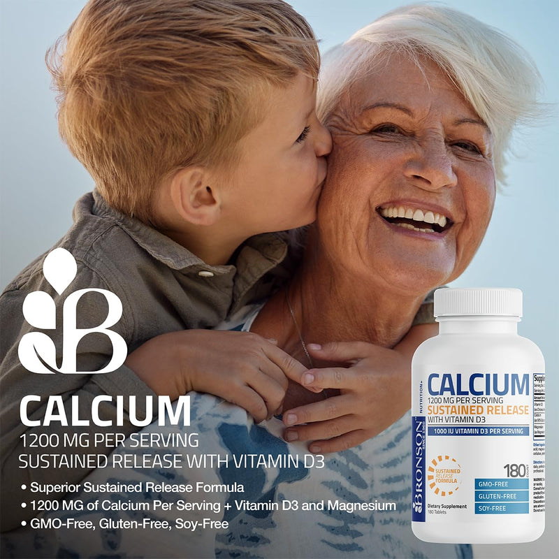 Bronson Calcium 1200 mg Sustained Release + Vitamin D3 1000 IU, 180 Tablets | Magnesium 80 mg, Bone Health Support, Steady Calcium Release, Non-GMO, Gluten-Free & Soy-Free 180 Count (Pack of 1)