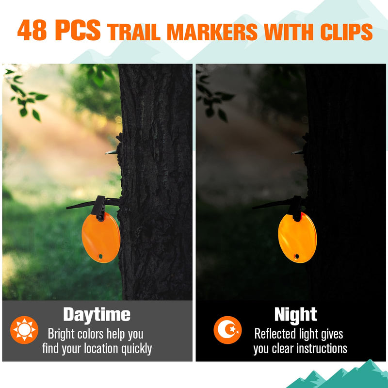 Konohan Trail Markers with Clips Round Reflective Tacks for Hunting Reflective Tree Tacks Trail Marking Ribbon with Clips Orange High-Visibility Tree Trail Markers for Outdoor Hiking 48
