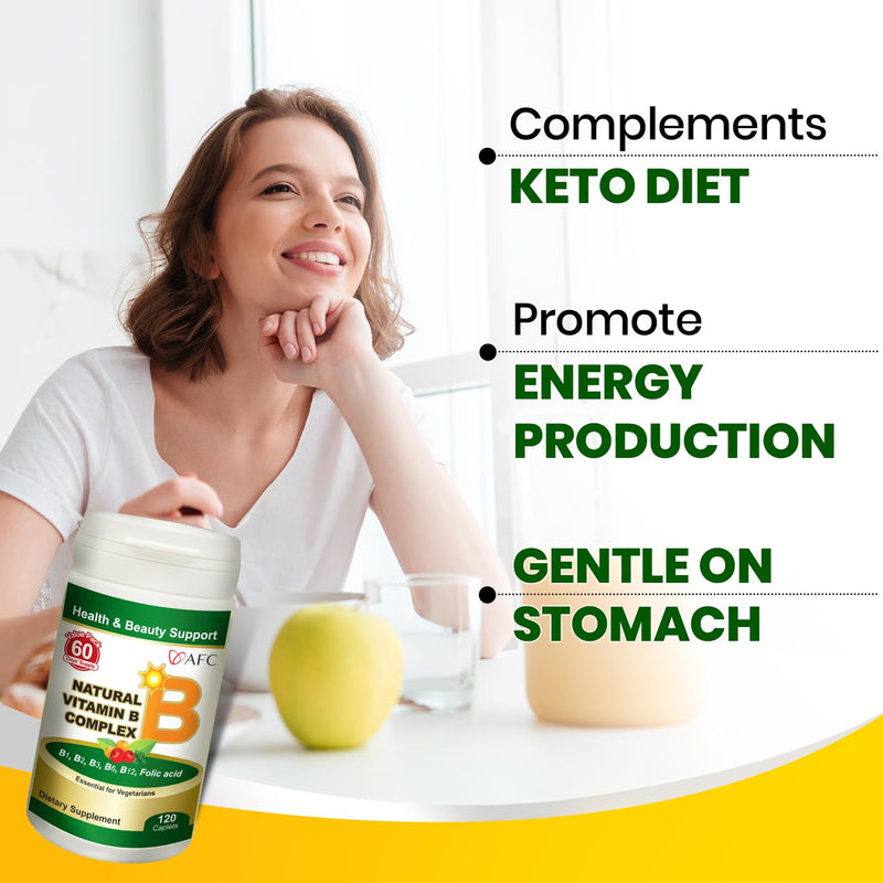 AFC Japan Vitamin B Complex - Stress, Energy, Immunity -120 Capsules | Natural vitamins B1 B2 B3 B6 B12, folic acid, glutathione yeast extract, no synthetics, non-GMO, 60 days' supply