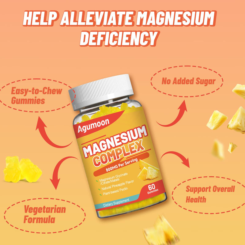 Magnesium Complex Gummies 800mg with Zinc & B6, B12, C, D3, 60 Count | High Absorption Glycinate, Citrate, Malate, Magnesium Complex for Women Men, Non-GMO, Gluten-Free, Pineapple Flavor 60 Count (Pack of 1)