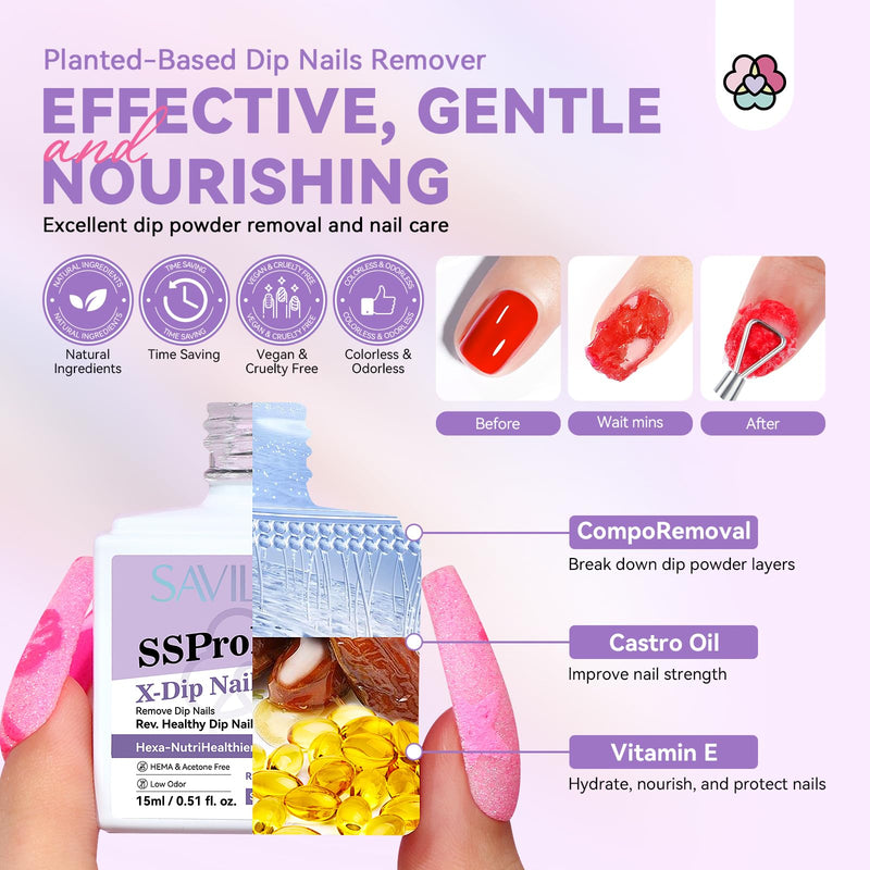 SAVILAND Dip Powder Remover Kit 2Pcs: 15ml Gentle & Safe Dip Nail Remover With Cuticle Oil Nail File Tools No Soak or Wrapping Removal Easy Remove at Home Gift For Women 2Pcs × 15ml (Set 1)