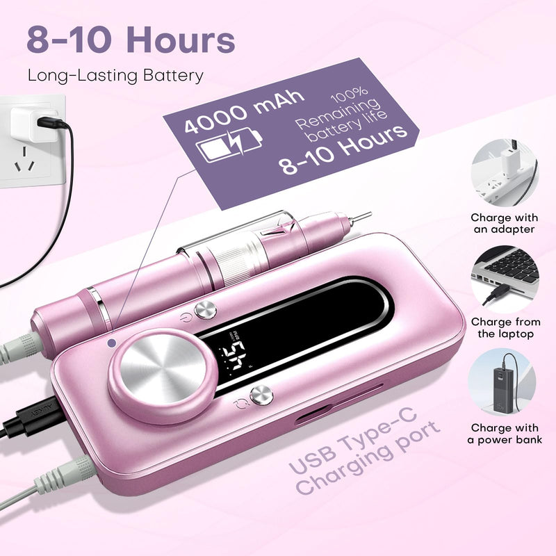 TUOBEO Nail Drill Electric Nail File Kit 45000 RPM Professional Efile Nail Set,Cordless Portable Rechargeable Acrylic Gel Nail Polish Remover Machine Pedicure Manicure Tool with 11 Bits for Salon Home Pink Purple