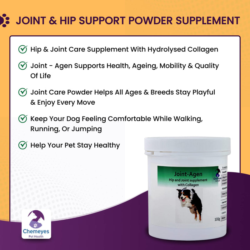 Chemeyes Joint-Agen Hip & Joint Care Powder Supplement for Dogs with Hydrolysed Collagen, Glucosamine, Vitamin-C & Hyaluronic Acid - Promotes Supple & Mobile Joints, Hip & Joint Support - 250g 250