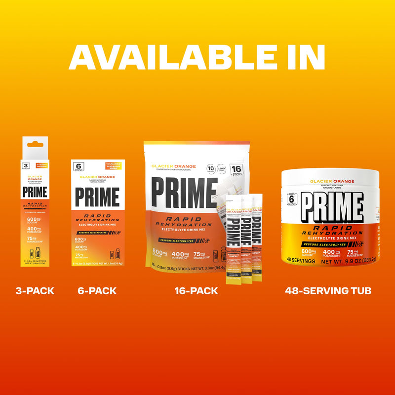 Prime Rapid Rehydration Electrolyte Powder, Glacier Orange, Sugar Free Hydration Drink Mix with Sodium, Potassium, Magnesium & B Vitamins to Replenish Fluids, Caffeine Free, 6 Gallon Tub, 48 SRV