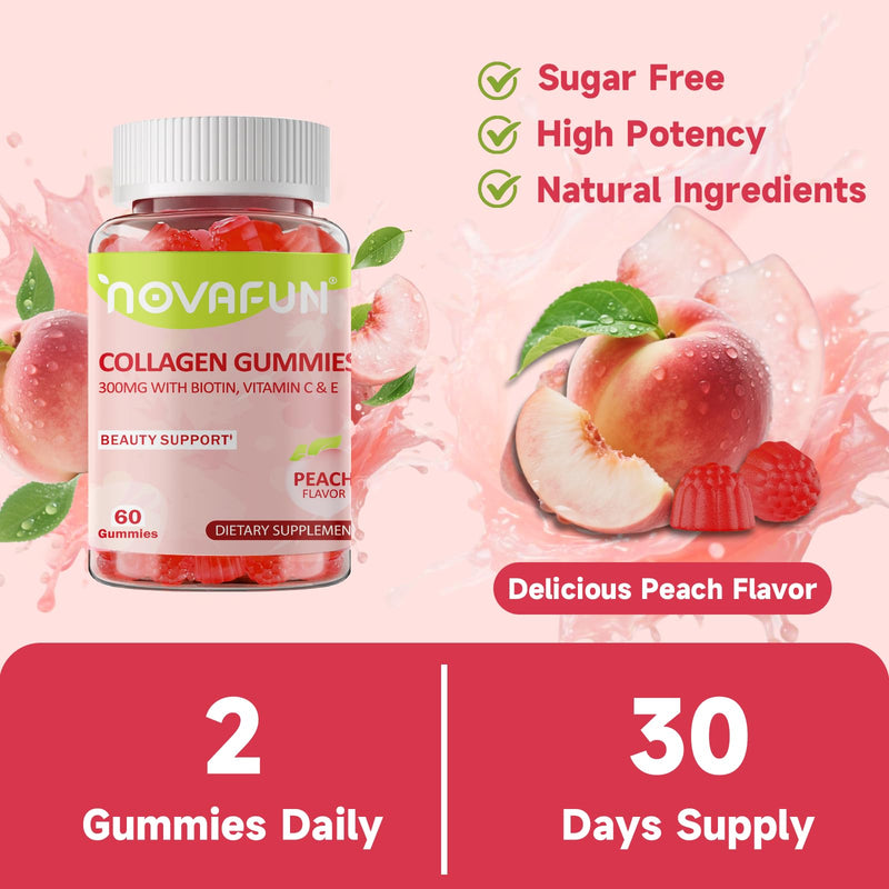 Collagen Gummies 300mg for Women, Hair, Skin & Nails, 60 Gummies | With Biotin & Vitamins C and E, Gluten-Free Vegetarian Gummies, Peach Flavor