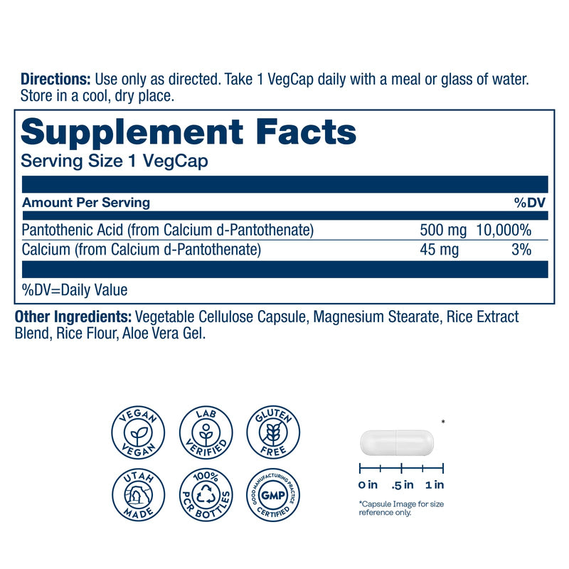 SOLARAY Pantothenic Acid 500mg - Pantothenic Acid Supplement (Vitamin B5) - Essential B Complex Vitamin - Nervous System and Cellular Energy Support - Vegan, Gluten Free, 60-Day Guaratee, 100 Servings Unflavored 100 Count (Pack of 1)
