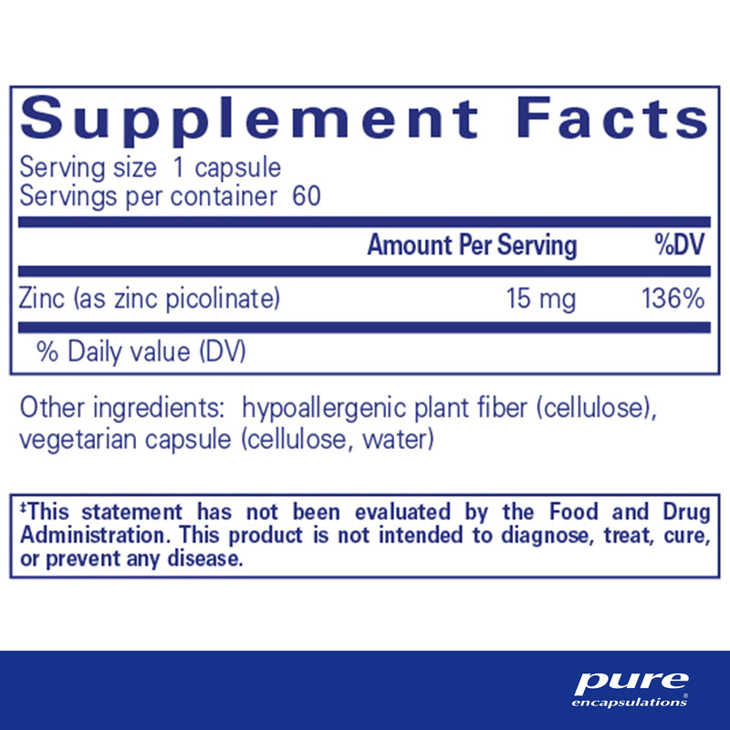 Pure Encapsulations Zinc 15 mg - Zinc Picolinate Supplement for Immune System Support, Growth & Development - for Wound Healing - with Premium Zinc Picolinate - 60 Capsules 60 Count (Pack of 1) - BeesActive Australia