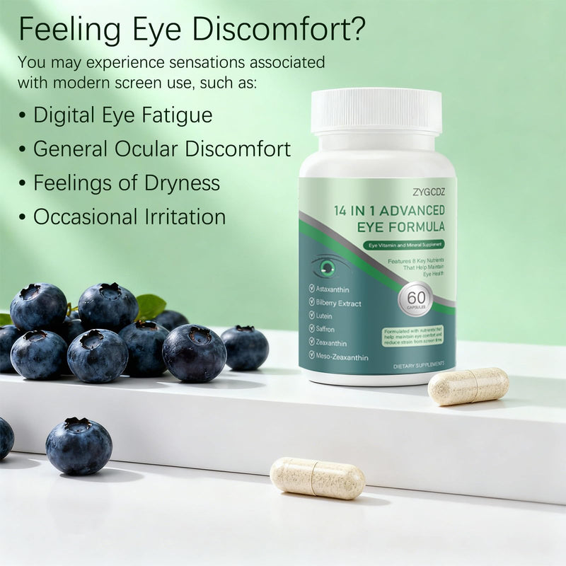 14-in-1 Advanced Eye Vitamin Supplement with Lutein, Zeaxanthin, Bilberry Extract & Zinc for Adults - Supports Vision, Macula & Blue Light Protection - 60 Capsules (01) 1