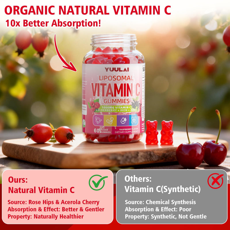 Liposomal Vitamin C 1000mg Gummies for Adults, Vitamin C Chewable with Iron, Zinc & Elderberry for Immune Support & Energy, Sugar Free, Raspberry Flavor, 60 Count 60 Count (Pack of 1)