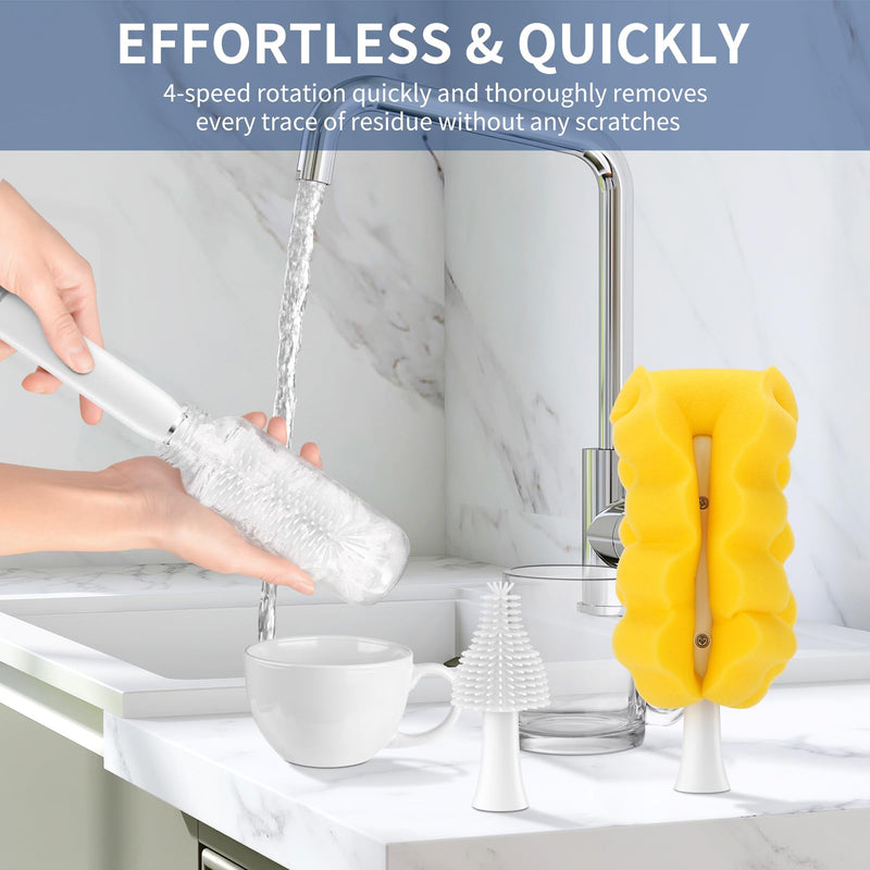 Electric Baby Bottle Brush Set with Rechargeable Electric Bottle Brush Cleaner and Silicone Bottle Brushes and Straw Brush Cleaner,Waterproof Travel Bottle Brush,Magnetic Suction Charging 1800mAh White - BeesActive Australia