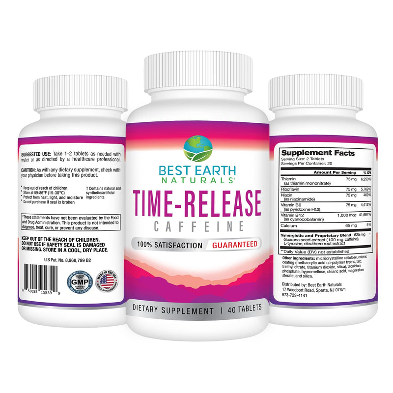 Best Earth Naturals Time Release Caffeine with L-Tyrosine, Vitamin B6, Vitamin B12, Thiamin & More - Energy Supplement for Women and Men - 40 Count