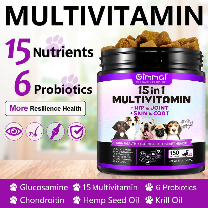 Yecuce 15 in 1 Multivitamin for Dogs, 150 Counts Dog Vitamins and Supplements for Joint Support, Digestion, Heart,Skin, Coat Care,Vitamins A, E, D3, B12, Duck Flavor (150 counts)