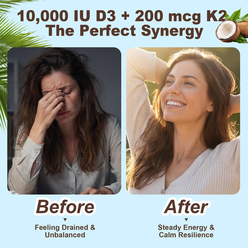 Vitamin D3 K2 10,000 IU MK-7 200 mcg D3 and K2 Supplements with Coconut Oil | 300 Softgels, 2-in-1 Vitamins D & K Complex, Extra Strength, Easy to Swallow, Non-GMO, Gluten Free