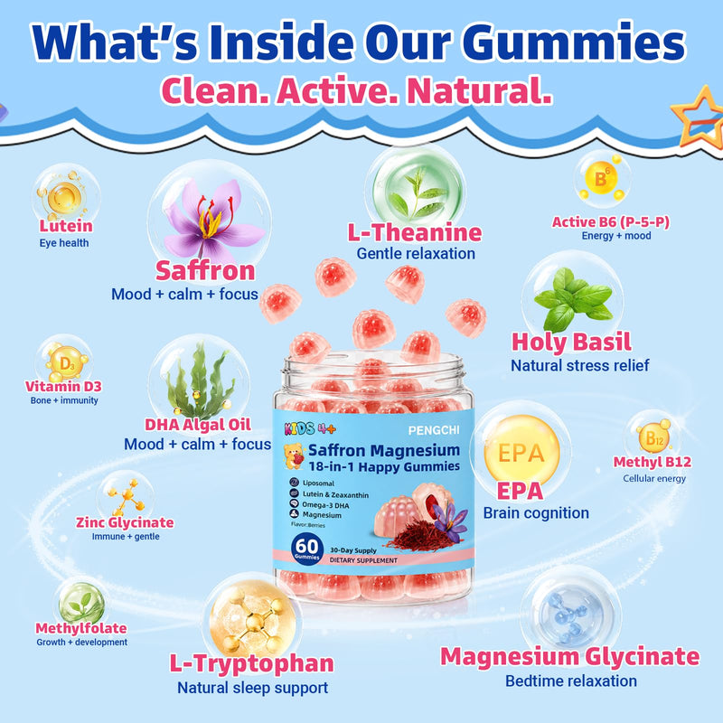 2 Pack, Saffron Gummies for Kids with Magnesium Glycinate Omega-3 L-Theanine Holy Basil Rosemary Vitamin B6 D3 for Happy Moods, Calm Focus, Cognition, Natural SIeep, Non-GMO, Sugar Free