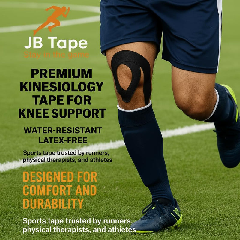 JB Tape Kinesiology Tape – 80 Precut 10-Inch Strips – Black – Elastic, Latex-Free, Water Resistant – Athletic Muscle & Joint Support – 4 Rolls Black Jet