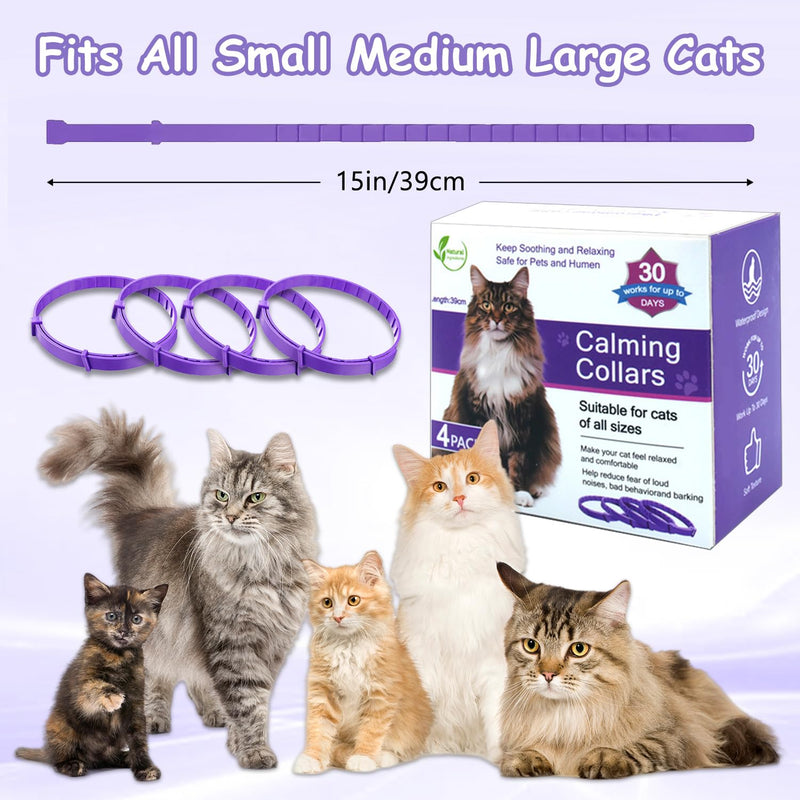 Calming Collar for Cats 4-Pack Cat Calming Collar Adjustable Soother Anxiety Relief Waterproof cat Calming Products 30-Day Stress Relief (Purple) purple