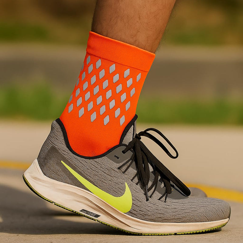 ReflecToes Reflective Socks - High Visibility Sports Socks Cushioned, Biomotion Safety Gear for Outdoor Athletes Large Orange Vented