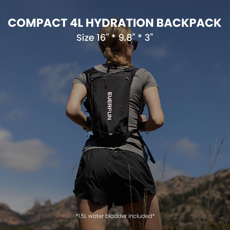 EVERFUN Hydration Backpack Running Vest Small Hiking Water Backpack with 1.5L Water Bladder for Women Men, Lightweight Reflective Dayhike Hydro Pack for Trail Running, Biking, Race, Marathons Black