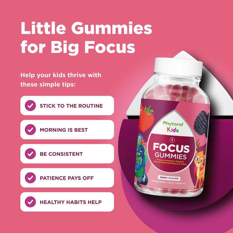 Phytoral Vegan Kids Focus Gummies - Potent Chewable Brain Support for Children - Enhances Concentration & Memory - Calming Supplements & Focus Gummies for Kids - Non-GMO & Gluten-Free - 120 Count 120 Count (Pack of 1)
