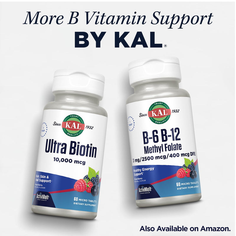 KAL CoEnzyme Vitamin B Complex, Chewable B Vitamins for Healthy Energy, Red Blood Cell and Nerve Function Support w/Vitamin B12, B6, Folic Acid, Natural Cocoa Mint, Vegan, Sugar Free, 30 Serv, 60ct 60 Count (Pack of 1)