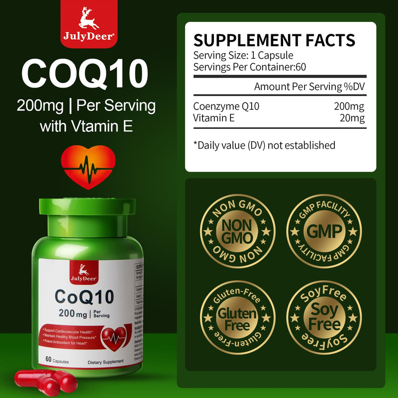 JulyDeer CoQ10 200mg with Vitamin E 20mg Coenzyme Q10 Supplement 60 Caps | 3-Party Tested, Non-GMO, Gluten-free, High Absorption Antioxidant Support Heart, Energy, Overall Health for Women and Men 60 Count(Pack of 1)