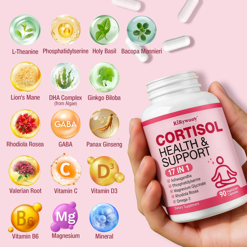 Cortisol Supplements for Women & Men | 17-in-1 Cortisol Reducer Formula with Magnesium Glycinate, Ashwagandha & L-Theanine | Stress Relief & Sleep Support, 90 Vegan Capsules