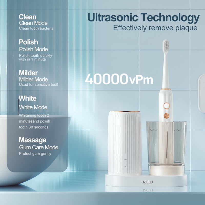AJELU Electric Toothbrush Set with Drying & Sanitizing Holder, 8 Replacement Brush Heads, Transparent Rinse Cup, Smart Timer, USB Rechargeable for Adults White - BeesActive Australia