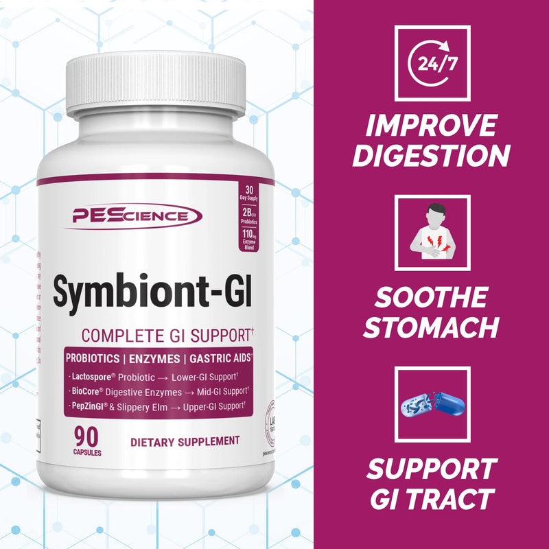 PEScience Symbiont-GI Gut Health Capsules, 90 Capsules, 30 Day Supply | Zinc Carnosine Pepzin GI, Shelf Stable Probiotic, Digestive Enzymes, Slippery Elm Bark