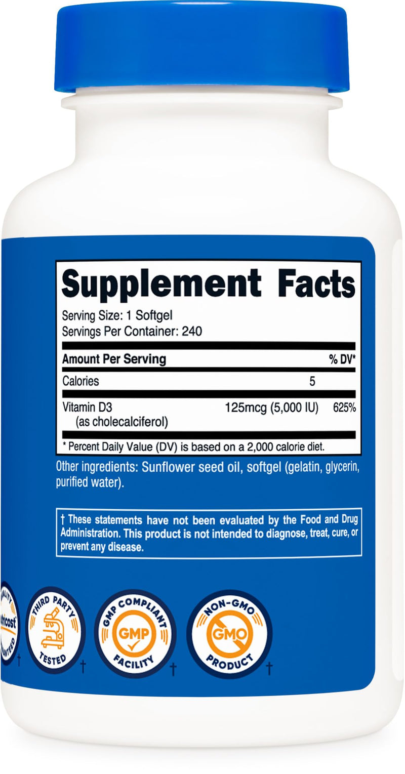 Nutricost Vitamin D3 5,000 IU, 240 Softgels - Non-GMO and Gluten Free Vitamin D 240 Count (Pack of 1) - BeesActive Australia