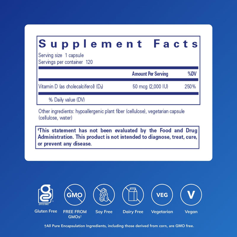 Pure Encapsulations Vitamin D3 Vegan, 120 Capsules | Support for Musculoskeletal, Cardiovascular, Brain, Cellular, and Immune Health*