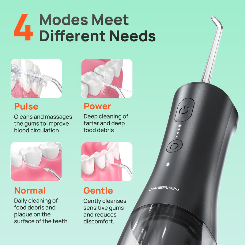 OPERAN Water Flossers for Teeth, Cordless Portable Water Flossers for Adults Braces, IPX7 Waterproof with 4 Modes, 4 Professional Nozzles, 300ml Tank & 21 Days Runtime for Travel, Black, 1Pack