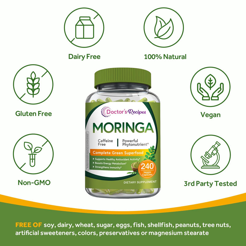Doctor's Recipes Moringa, Complete Green Superfood, 240 Vegan Caps | Moringa Oleifera, Natural Antioxidant Support, Powerful Phytonutrients, Non-GMO, No Caffeine, No Soy, No Gluten 240 Count (Pack of 1)