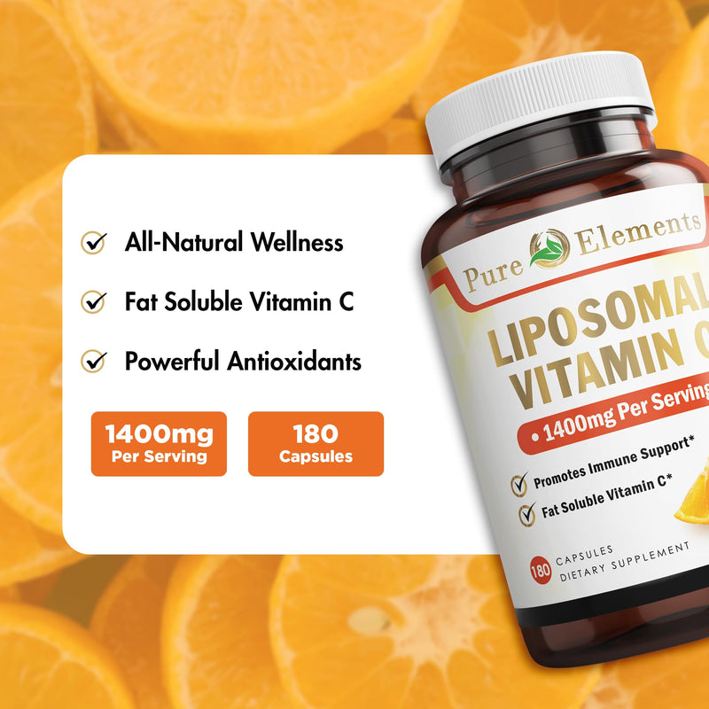 Pure O Elements Liposomal Vitamin C Capsules 180 Count High Absorption | Pure vitamin C, liposomal delivery, 1400 mg - non-GMO, soy free, gluten free, 180 capsules for daily antioxidant support.