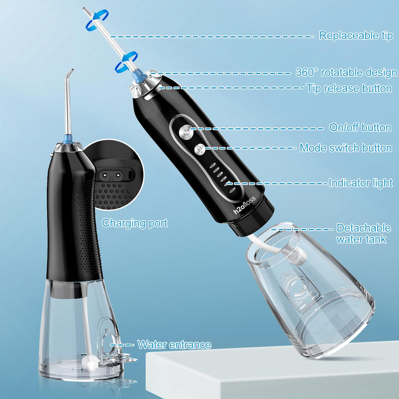 H2ofloss Water Dental Flosser Teeth Pick -Portable Oral Irrigator with 5 Modes, Rechargeable IPX7 Waterproof Orthodontic Teeth Cleaner Pick Cordless for Home Travel-300ml Water Tank Black