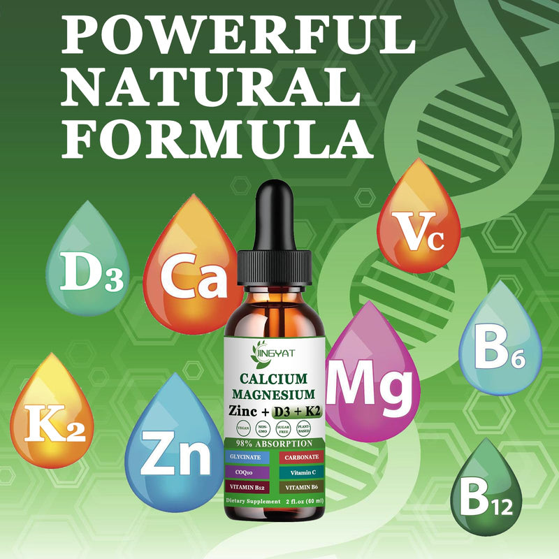 Calcium Magnesium Zinc Liquid Drops, Liquid Magnesium Glycinate 500mg Calcium 1000mg with Vitamin D3,K2,B6,B12,Coq10 for Bone Strength, Muscle Function,6X Stronger Than Gummies Capsules Mixed Berry 2 Fl Oz
