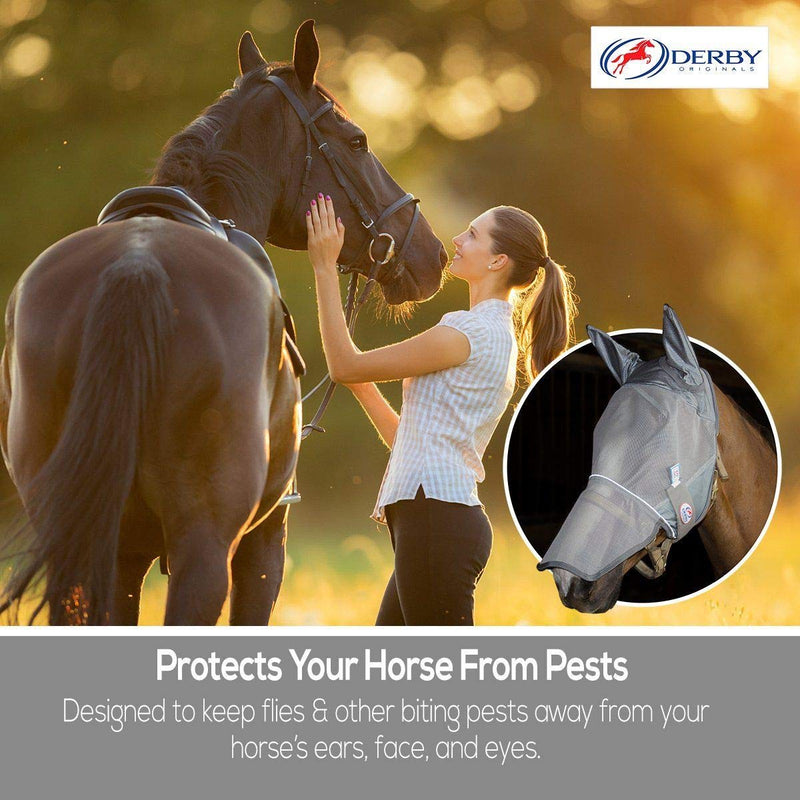 Derby Originals Reflective Fly Mask with One Year Warranty - with Ears and Nose Cover X-Large (Oversized/Warmblood) Grey - BeesActive Australia