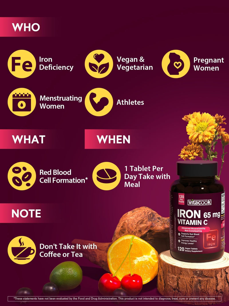 Iron Supplement for Women Men, High Potency Iron 65mg with Vitamin C 250mg | Stomach Friendly Iron Pills for Red Blood Cell & Immune Support, Vegan, Non-GMO & Gluten Free,120 Vegan Tablets Unflavored 120 Count (Pack of 1)