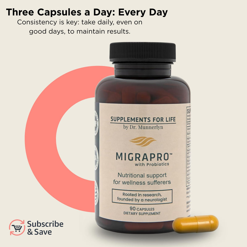 Dr. Munnerlyn's MigraPro with Probiotics, Brain and Gut Health, 90 Capsules | Contains Magnesium, Riboflavin, CoQ10, Ginger Root, Asian Ginseng, Vitamin C, Feverfew & Turmeric, Gluten Free, 30 Day Supply