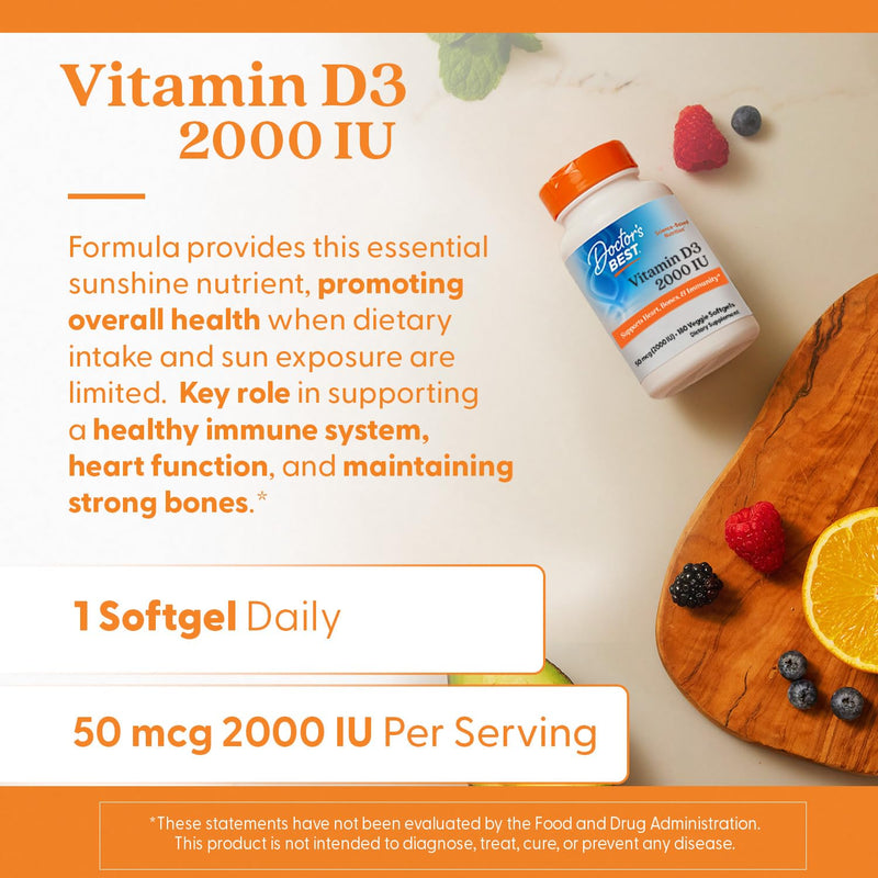 Doctor's Best Vitamin D3 2000 IU Softgels for Men & Women - Vitamin D Supplement for Immune System & Heart Health Support, 50 mcg per Serving, Vit D 3, Non GMO, Gluten & Soy Free - 180 Veggie Softgels