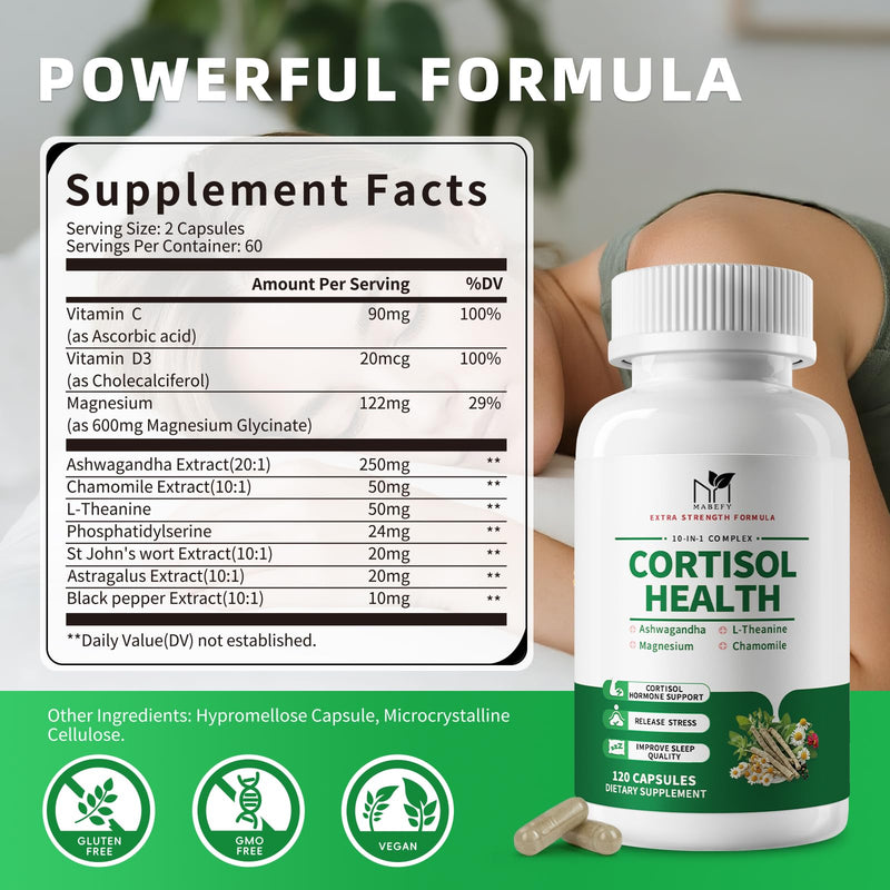 MABEFY Cortisol Supplements for Women/Men, 60 Capsules for 30 Days | 10 in 1 Cortisol Manager Reducer Lower Detox Balance with Magnesium, L-Theanine for Stress, Sleep, Calm, Mood Support 60 Count (Pack of 1)
